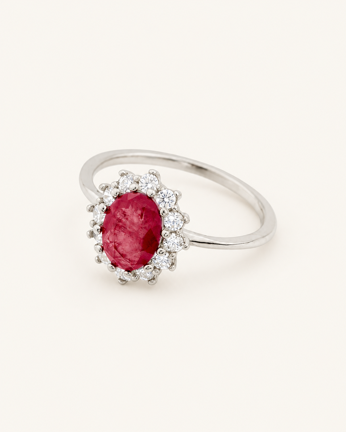 ëcos · Anillo magrana rojo rodio · Fondo marfil