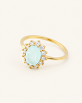 ëcos · Anillo magrana turquesa dorado · Fondo marfil