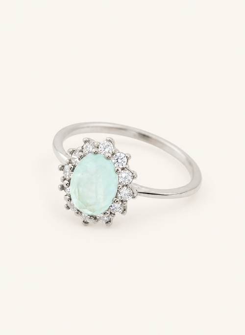 ëcos · Anillo magrana turquesa rodio · Fondo marfil