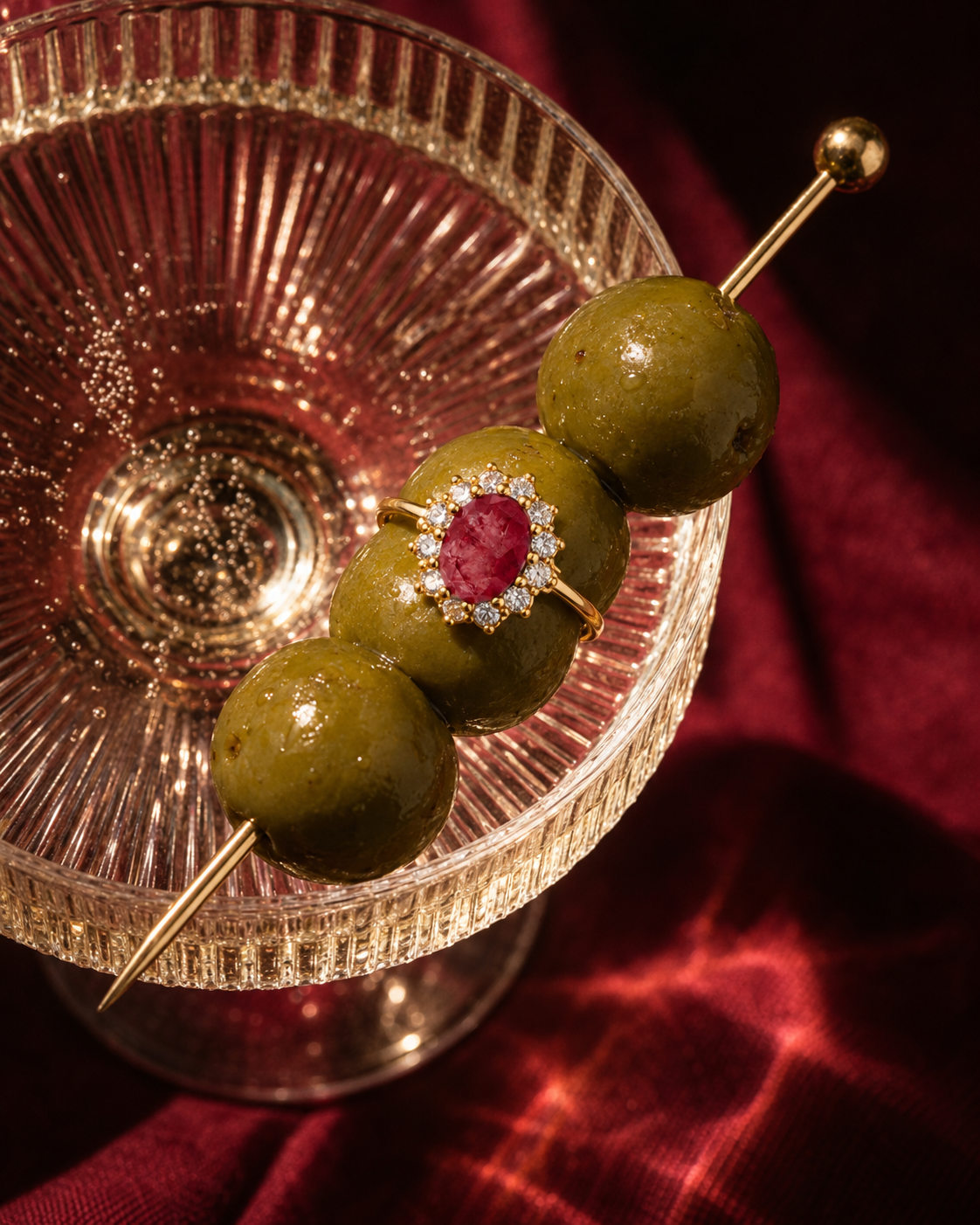 Anillo Magrana dorado en una composición editorial con copa vintage y aceitunas
